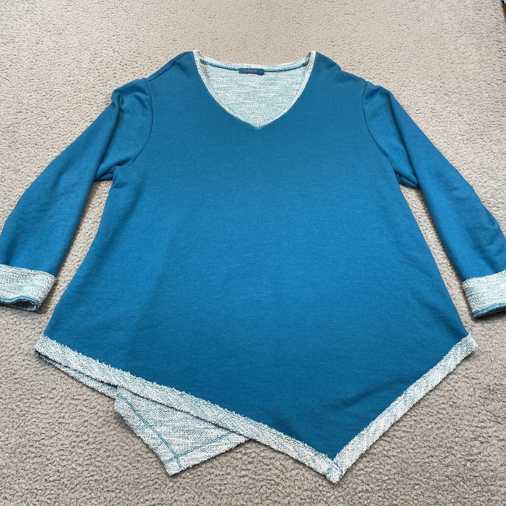 Fresh Produce Sweater Womens XL 1X Blue Asymmetrical Hem V Neck Lightweight USA